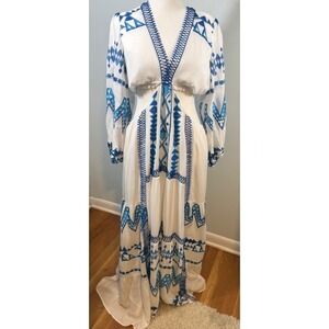 Hale Bob Embroidered Maxi Dress S 26RM6314 White Blue Geometric NWT Boho Resort